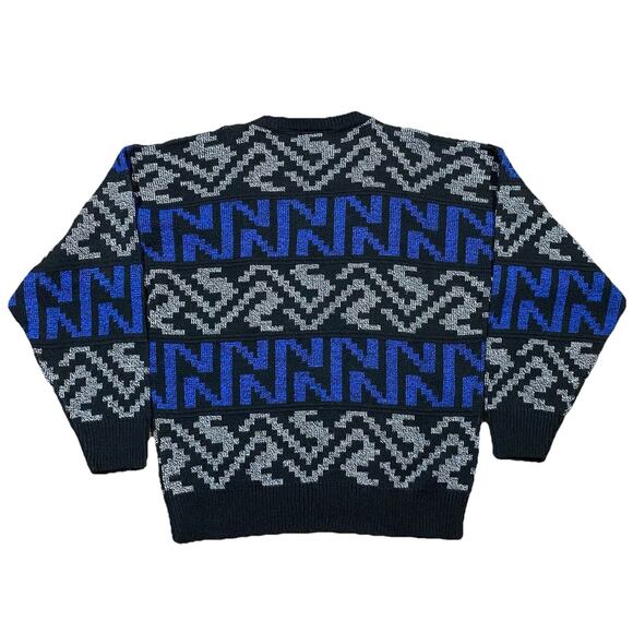 VTG Sweater Graphix Geometric Knit Sweater XL Made USA 80s 90s Blue Black - Picture 3 of 9